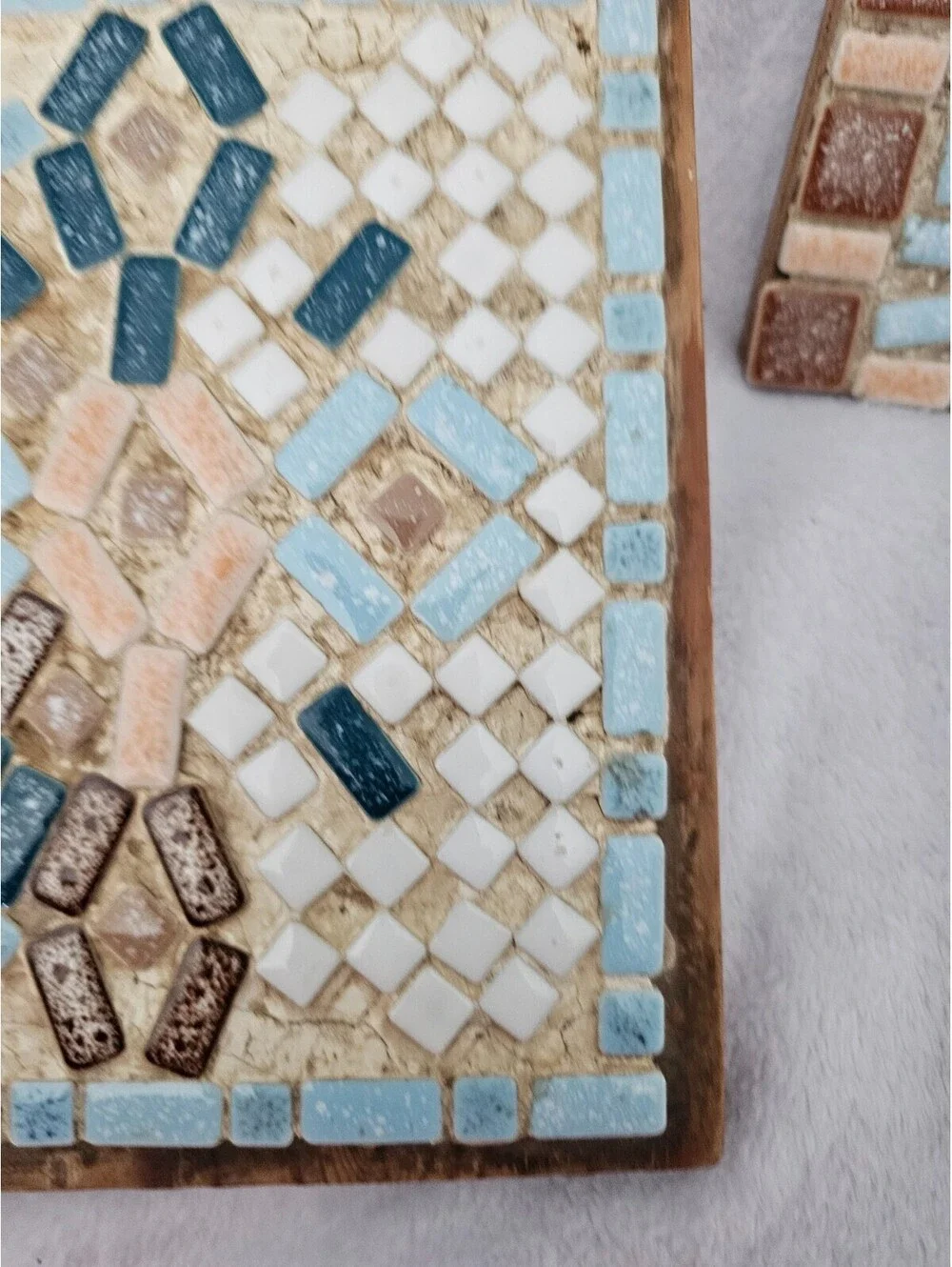 (2pc) Vintage Handmade Mosaic Art Pieces Decoration Multicolor Grout Base Wood